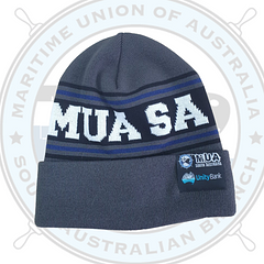 MUA SA Beanie - We're proud to be Union and so are you! Keep your Union noggin' warm out in the elements with our MUA SA designed, 100% Australian made and manufactured beanies. Featuring grey, black and blue detailing, and custom, woven labeling on both sides, these beanies have been proudly sponsored by Unity Bank. 
 
100% designed by the legends in the MUA SA Branch
100% Australian made and manufactured by Ethical Clothing Australia accredited Bluegum manufacturers
100% keeping you looking fresh
