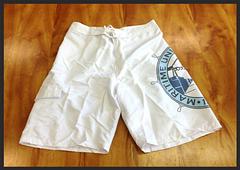 Boardshorts - Boardshorts with velcro fly and string tie.In White and BLUEPLEASE NOTE THE SIZING IS JUST A LITTLE SMALL SO CONSIDER GOING UP A SIZEThis shirt is Australian Made, Union Made